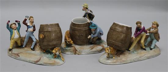 A collection of three Volkstedt porcelain spill vases, with gentleman avoiding tigers, largest 6.75in.